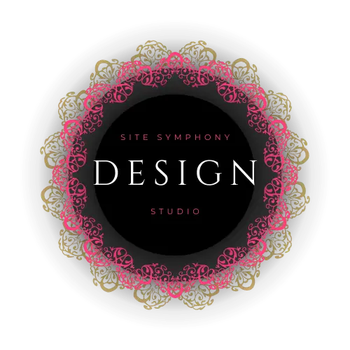 Site Symphony Design Studio logo with ornate pink and gold circular frame on black background