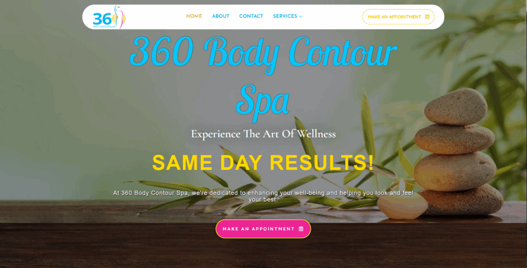 Homepage of 360 Body Contour Spa featuring wellness branding, appointment button, and spa-themed visuals