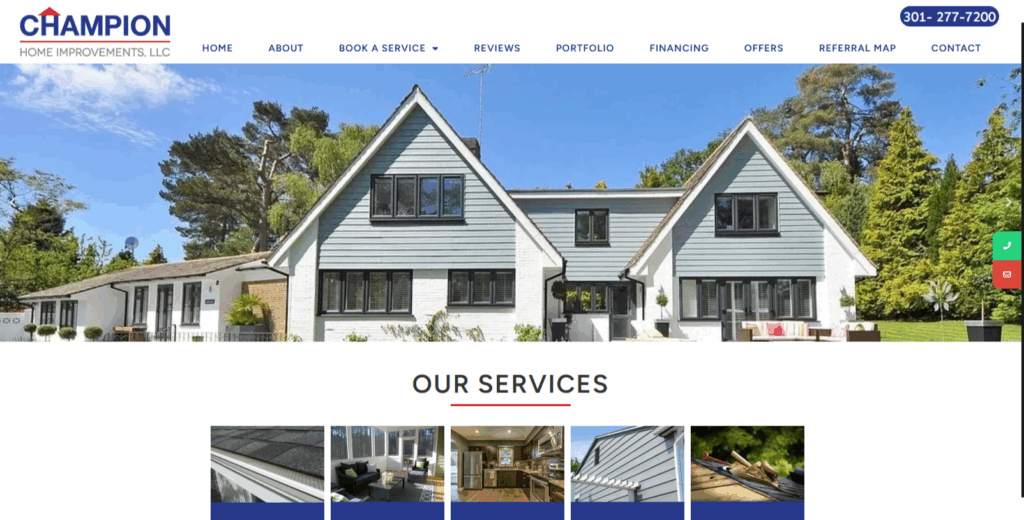 Modern exterior website design for Champion Home Improvements LLC showcasing residential construction services