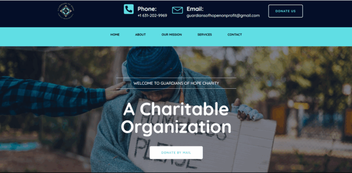 Guardians of Hope nonprofit website homepage showing support for the homeless with donation options and compassionate outreach