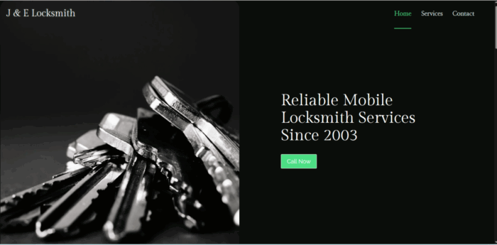 Modern locksmith website design with key imagery and bold service tagline
