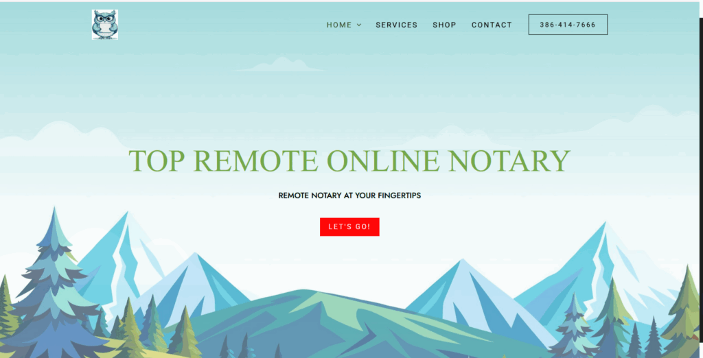 Whimsical cartoon-themed remote notary website design for Nova Notary Online
