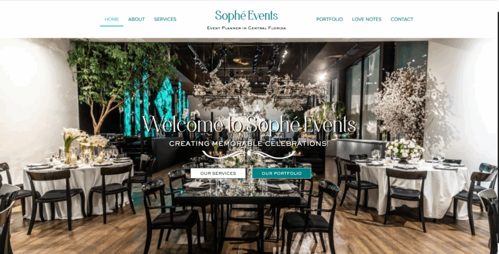 Elegant event planning website design for Sophé Events in Central Florida with luxury celebration visuals