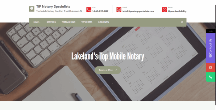 Mobile notary website interface with modern layout, service menu, and contact integrations